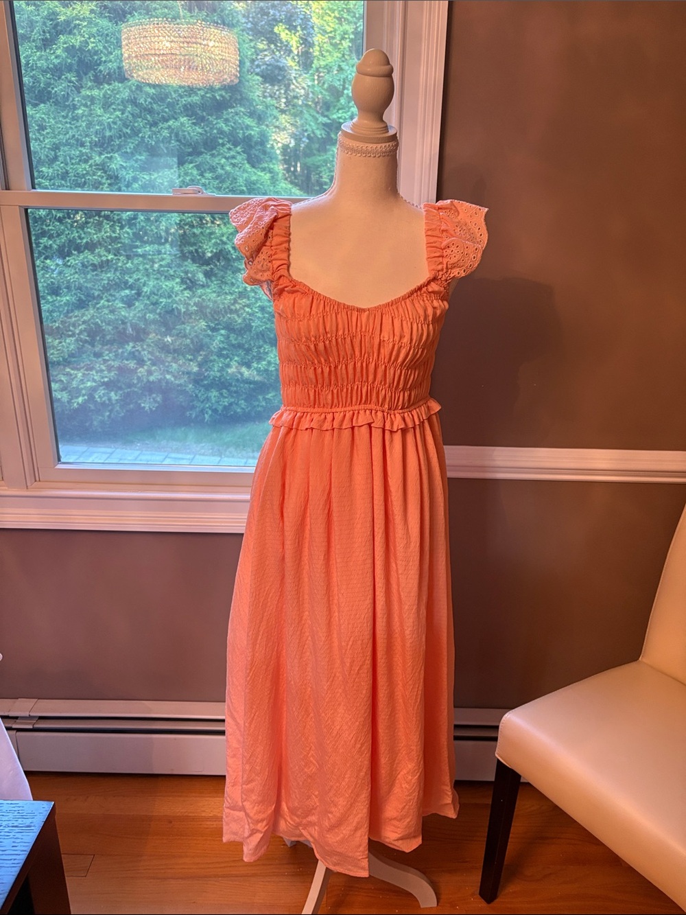 Smocked Ruffle Sleeve Midi Dress in Peach